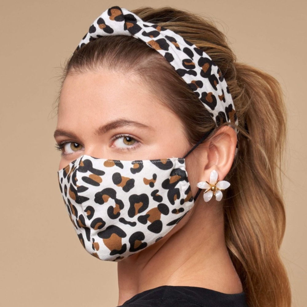 LELE SADOUGHI NWT AUTHENTIC IVORY LEOPARD COTTON BLEND FACE MASK & HEADB…